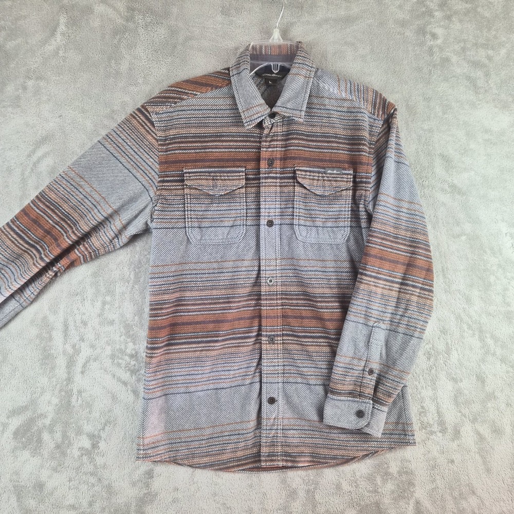 Eddie‎ Bauer Shirt Mens Small Gray Orange Plaid Flannel Long Sleeve Outdoor